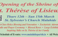 Poster advertising Opening of Shrine to St Therese of Liseux in Malahide Parich March 2026